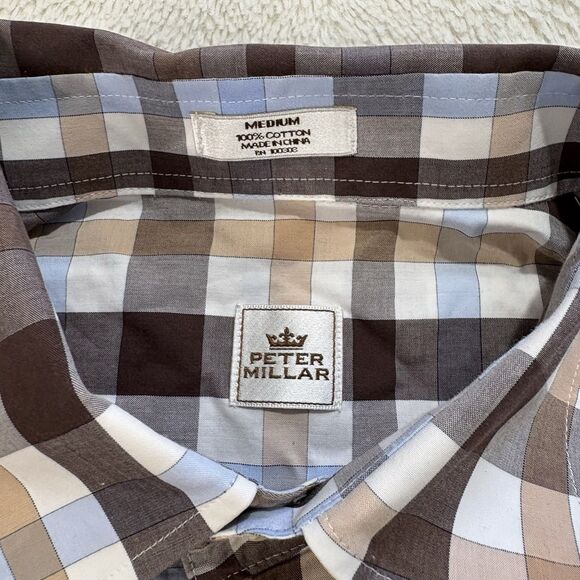 Peter Millar Mens Long Sleeve Button Up Size Medium Blue Brown White Geometric - Picture 4 of 10